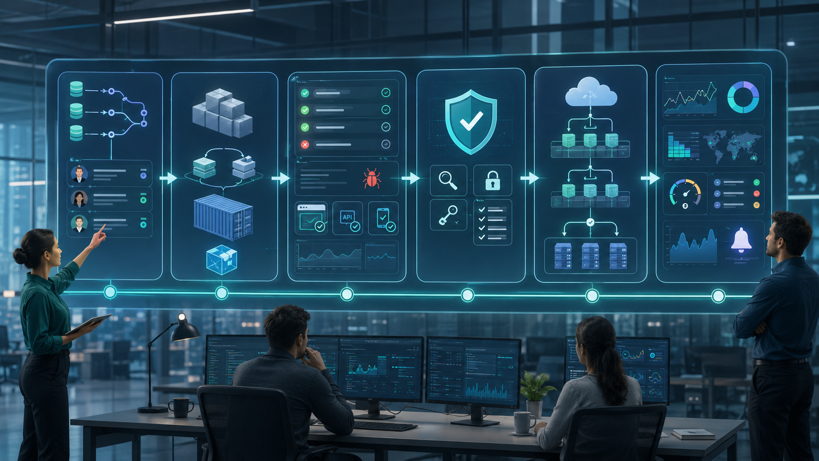 Common CI/CD pipeline stages from source control to monitoring feedback
