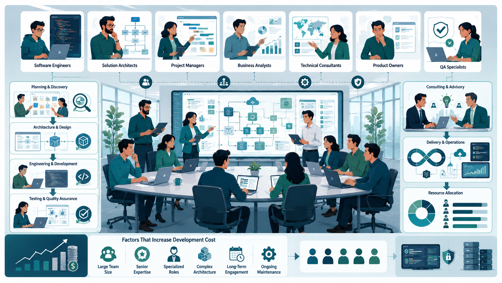 Enterprise Software Development Cost In USA based on software engineers architects analysts and QA specialists