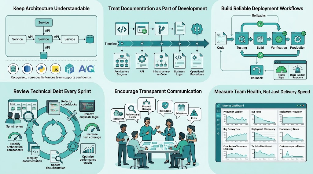 Sustainable How To Reduce Software Development Project Risk practices with documentation deployment workflows technical debt reviews and team health
